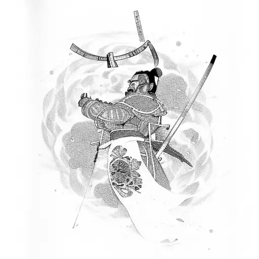 the body of a samurai dead after hara-kiri in armor, and a sakura flower sprouts from his mouth tattoo design idea