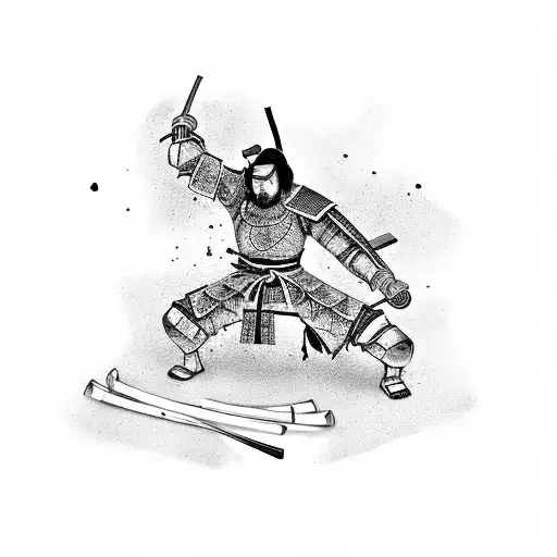 the body of a samurai kneeling in armor who made himself a seppuku, a sakura flower grows from the body tattoo design idea