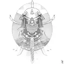 A samurai in armor, dead after hara-kiri, fell to his knees, and a sakura flower sprouted from his mouth tattoo design idea