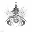 A samurai in armor, dead after hara-kiri, fell to his knees, and a sakura flower sprouted from his mouth tattoo design idea