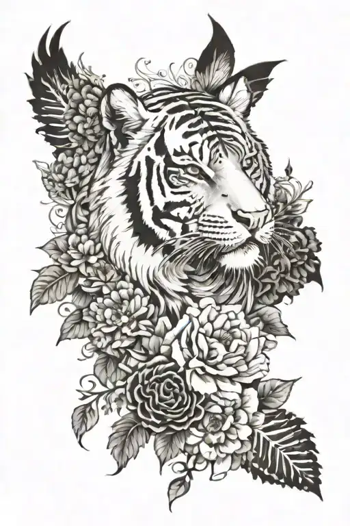 Tiger full body w chrysanthemum and peony flowers w butterflies with roses and thorns and an eagle flying above  tattoo design idea