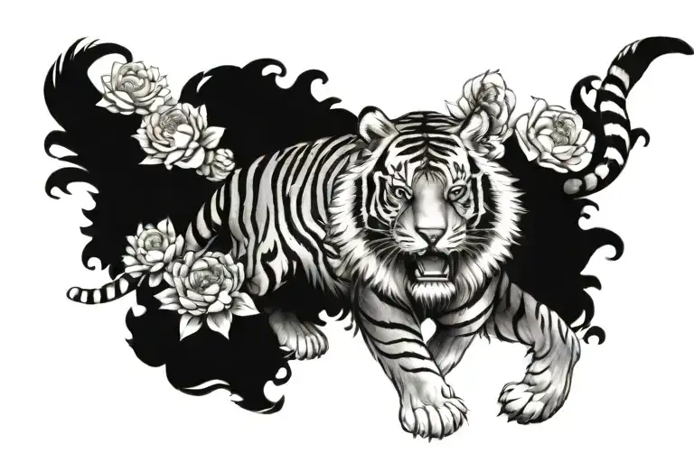 Tiger full body w chrysanthemum and peony flower and butterflies tattoo design idea