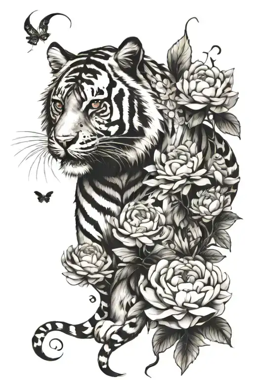 Tiger full body w chrysanthemum and peony flowers w butterflies with roses and thorns tattoo design idea