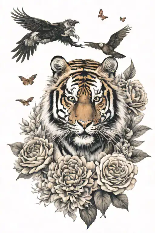 Tiger full body w chrysanthemum and peony flowers w butterflies with roses and thorns and an eagle flying above  tattoo design idea