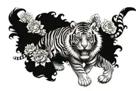 Tiger full body w chrysanthemum and peony flower and butterflies tattoo design idea