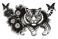 Tiger full body w chrysanthemum and peony flower and butterflies tattoo design idea