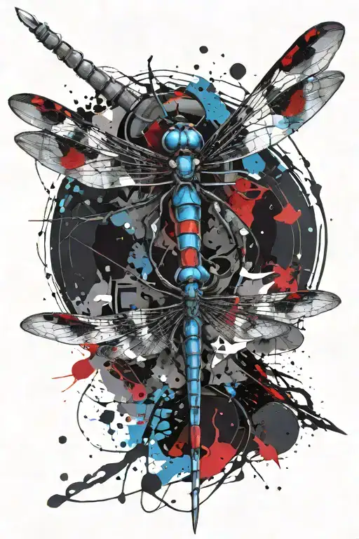 dragon fly realism, polka trash style, add 3 arrows, dark background, paint brush strokes, splatters, scratches, add blu tattoo design idea