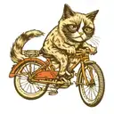 a grumpy cat riding a bicycle through the montains tattoo design idea