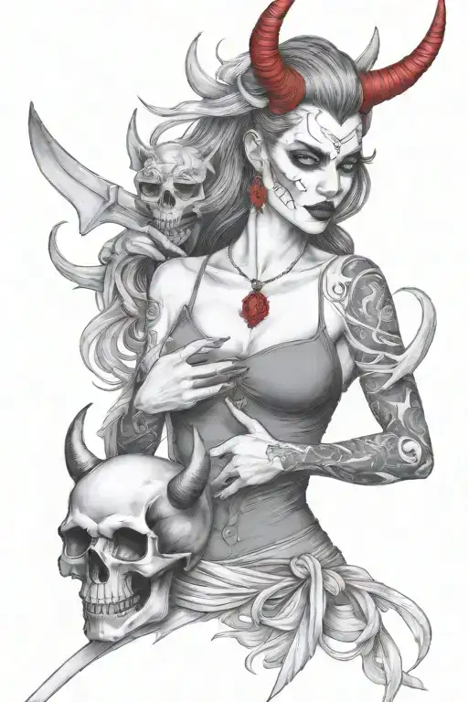 evil devil woman holding a skull on her hand tattoo design idea