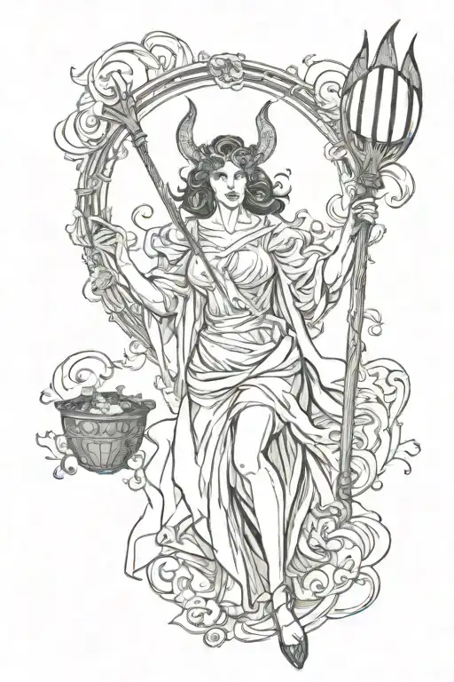 Satan as a woman with a pitchfork tattoo design idea