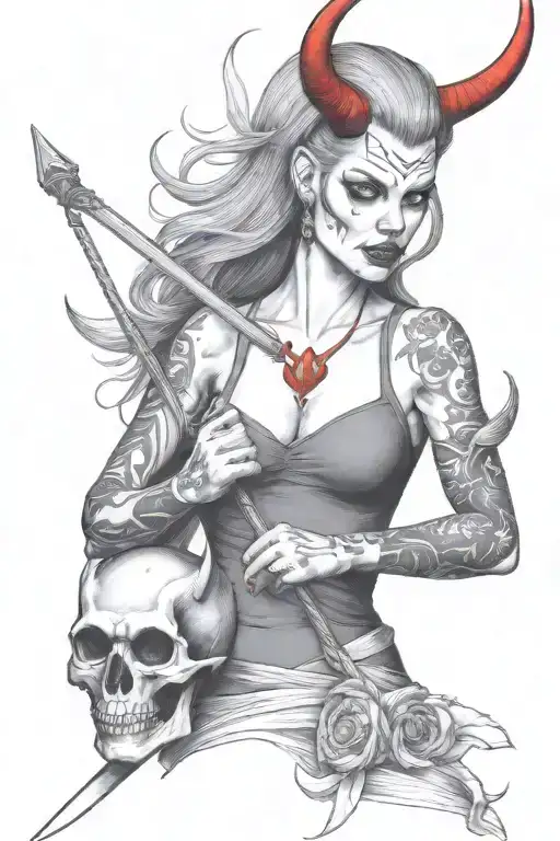 Woman with a devil pitchfork tattoo design idea