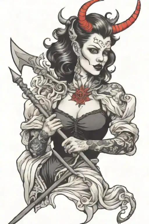 Woman with a devil pitchfork tattoo design idea