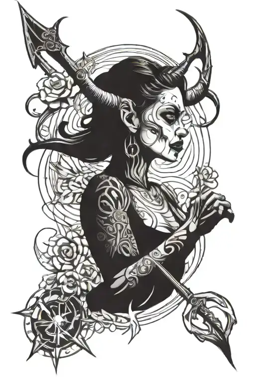 Woman with a devil pitchfork tattoo design idea