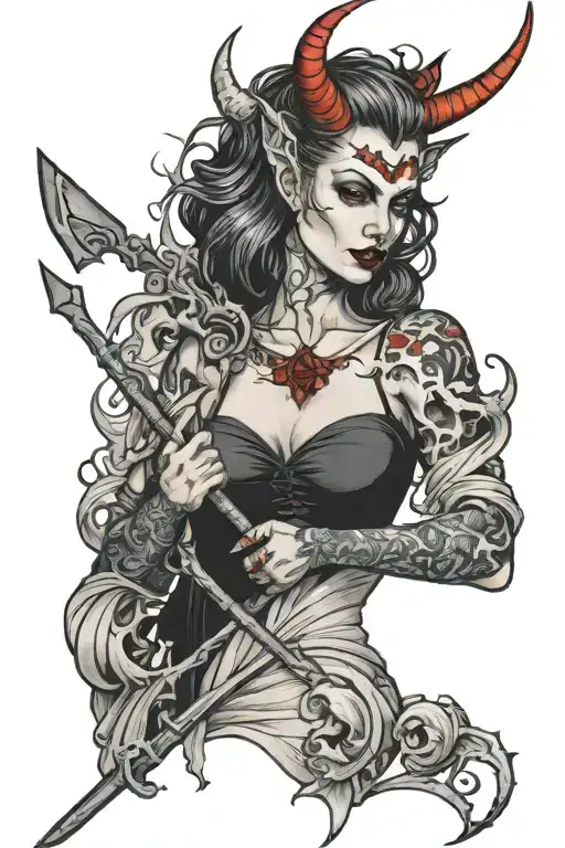 Woman with a devil pitchfork tattoo design idea