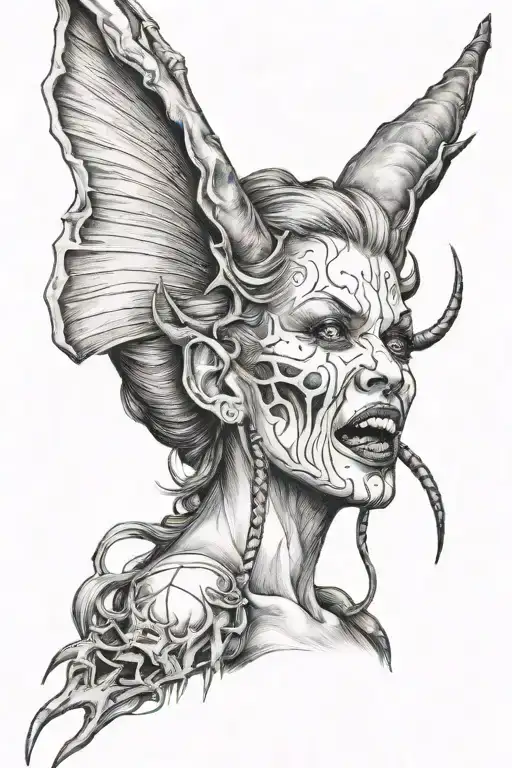 Woman with a devil pitchfork tattoo design idea