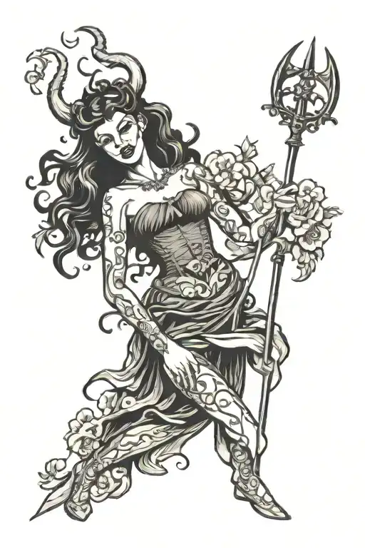 Satan as a woman with a pitchfork tattoo design idea