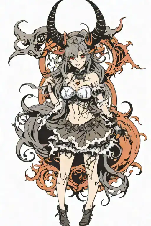 Demoness with long hair, horns, skirt, stockings. Standing. tattoo design idea