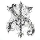 An abstract tattoo of musical notes forming the shape of a bow and arrow tattoo design idea