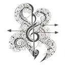 An abstract tattoo of musical notes forming the shape of a bow and arrow tattoo design idea