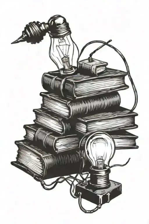 stack of books with open book on top an d light bulb emerging from it.  tattoo design idea