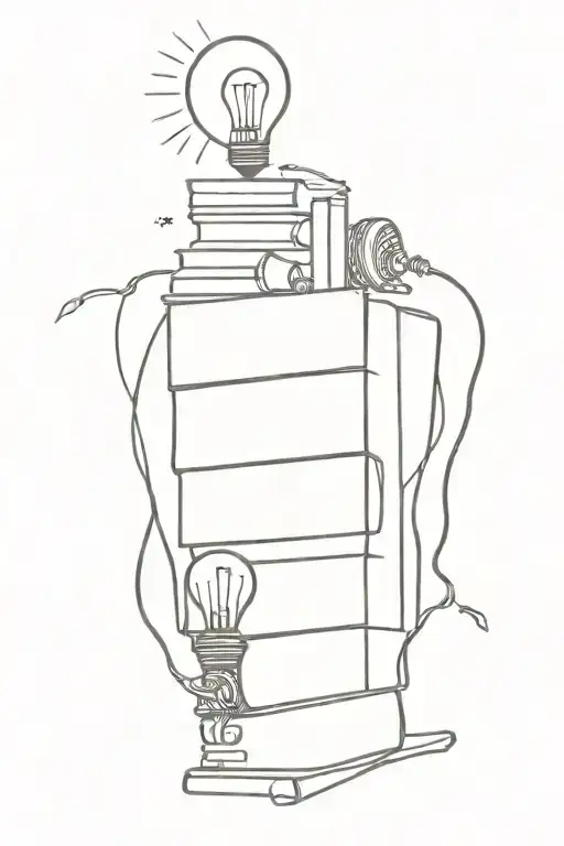 stack of books with open book on top an d light bulb emerging from it. also CPU ship with wires surrounding everything tattoo design idea