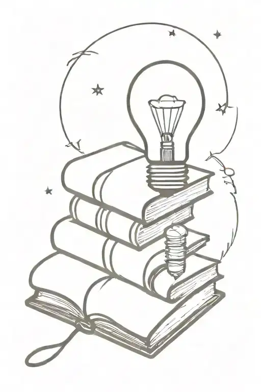 stack of books with open book on top an d light bulb emerging from it.  tattoo design idea