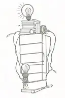 stack of books with open book on top an d light bulb emerging from it. also CPU ship with wires surrounding everything tattoo design idea