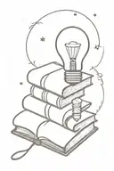stack of books with open book on top an d light bulb emerging from it.  tattoo design idea