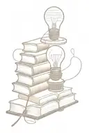 stack of books with open book on top an d light bulb emerging from it.  tattoo design idea