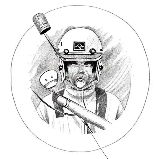 A sketch-style tattoo of a tradie wearing a motorcycle helmet, holding a fishing rod, and surrounded by various club symbols tattoo design idea