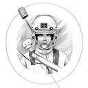 A sketch-style tattoo of a tradie wearing a motorcycle helmet, holding a fishing rod, and surrounded by various club symbols tattoo design idea