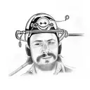 A sketch-style tattoo of a tradie wearing a motorcycle helmet, holding a fishing rod, and surrounded by various club symbols tattoo design idea