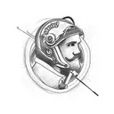 A sketch-style tattoo of a tradie wearing a motorcycle helmet, holding a fishing rod, and surrounded by various club symbols tattoo design idea