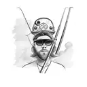 A sketch-style tattoo of a tradie wearing a motorcycle helmet, holding a fishing rod, and surrounded by various club symbols tattoo design idea