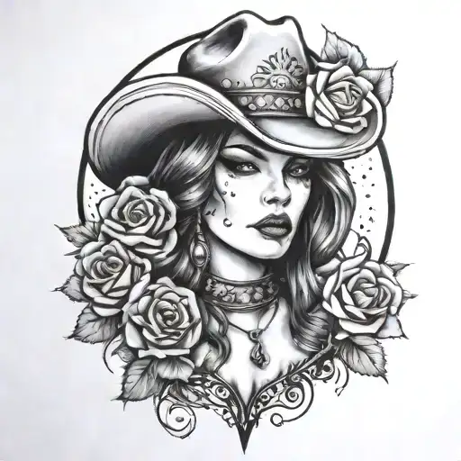 cowgirl surrounded by roses and discoballs tattoo design idea