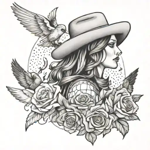 sleeve focused on a cowgirl surrounded by birds, discoballs, and roses tattoo design idea