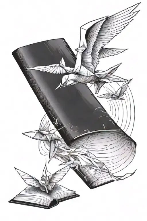 book opening with paper airplane and origami crane flying out tattoo design idea