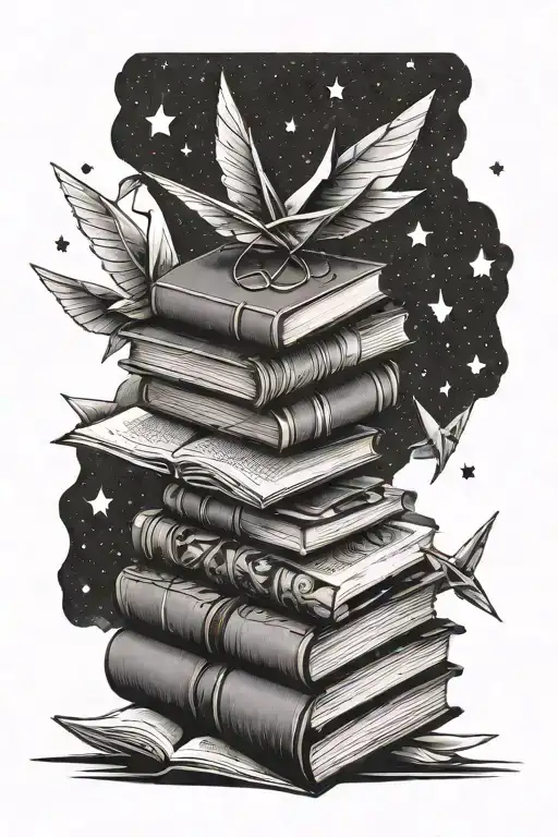stack of books with a wand, origami crane, paper airplane, and stars tattoo design idea