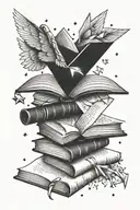 book stack with open book on top with paper airplane and origami crane flying to stars tattoo design idea