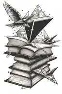 book stack with open book on top with paper airplane and origami crane flying to stars tattoo design idea