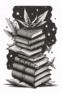 stack of books with a wand, origami crane, paper airplane, and stars tattoo design idea