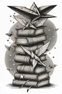 stack of books with a wand, origami crane, paper airplane, and stars tattoo design idea