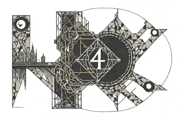the number 4, bridge with a portal in the center, another number 4 on the other side of the bridge tattoo design idea