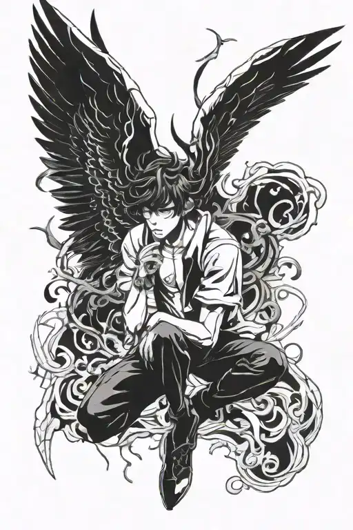 Ryo Asuka from Devilman Crybaby in Satan form, big wings, etheral, mourning tattoo design idea
