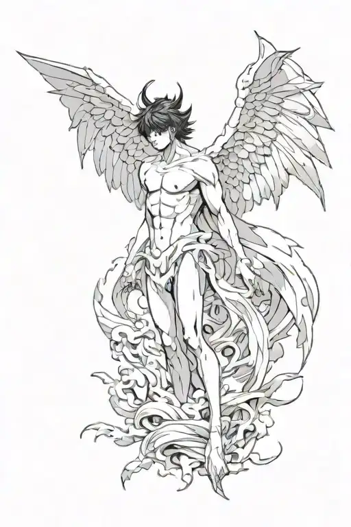 Ryo Asuka from Devilman Crybaby in Satan form, big wings, etheral tattoo design idea