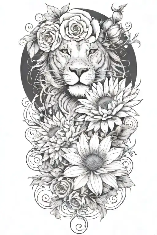 water Lillie's, roses and daisies with dandelions around female lion face tattoo design idea