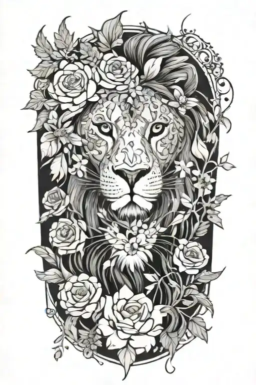water Lillie's, roses and daisies with dandelions around female lion face tattoo design idea