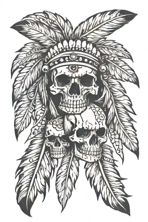 indian feathers with skulls tattoo design idea