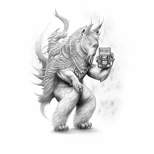 A black-grey tattoo of a mystical creature playing a video game in a bar tattoo design idea