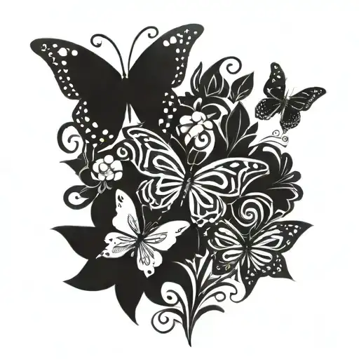 butterflies family of 3 flowers tattoo design idea